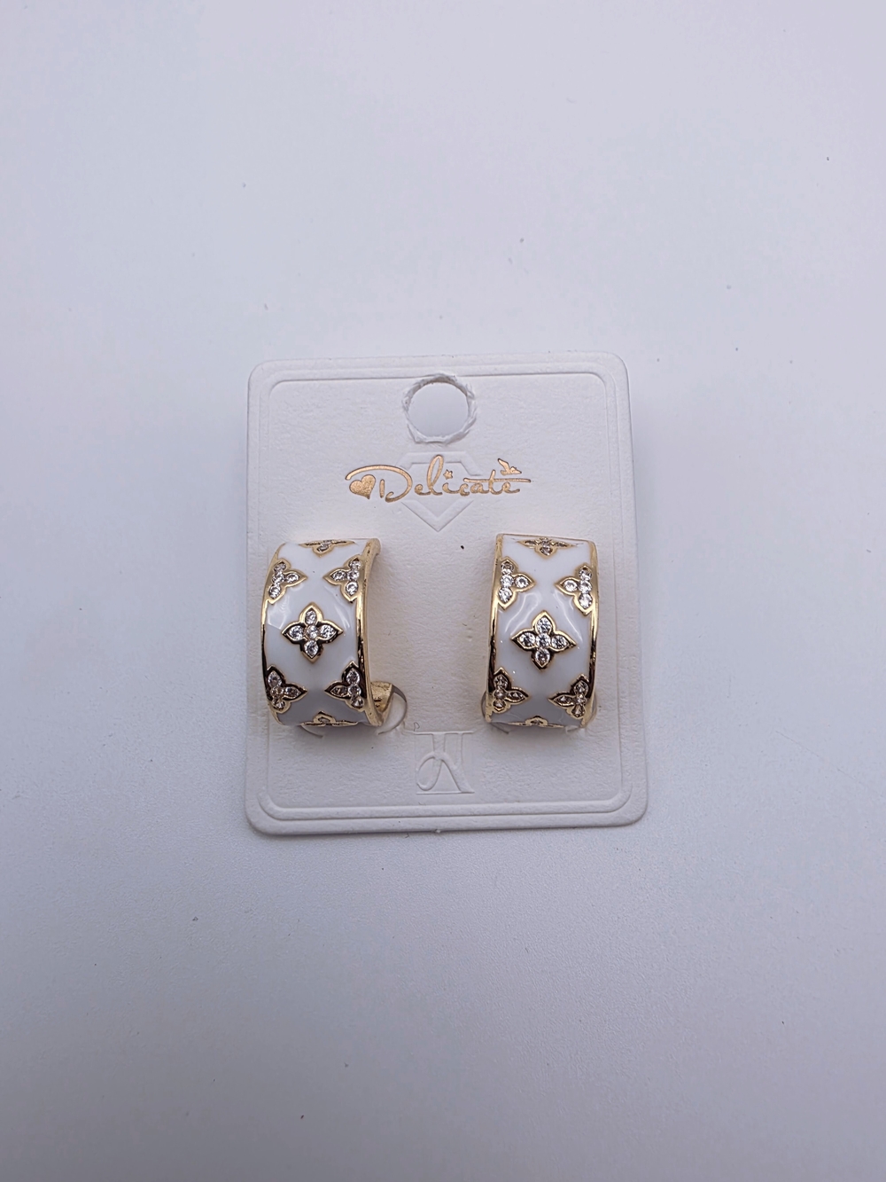 delicates White and Gold Floral Enamel Hoop Earrings